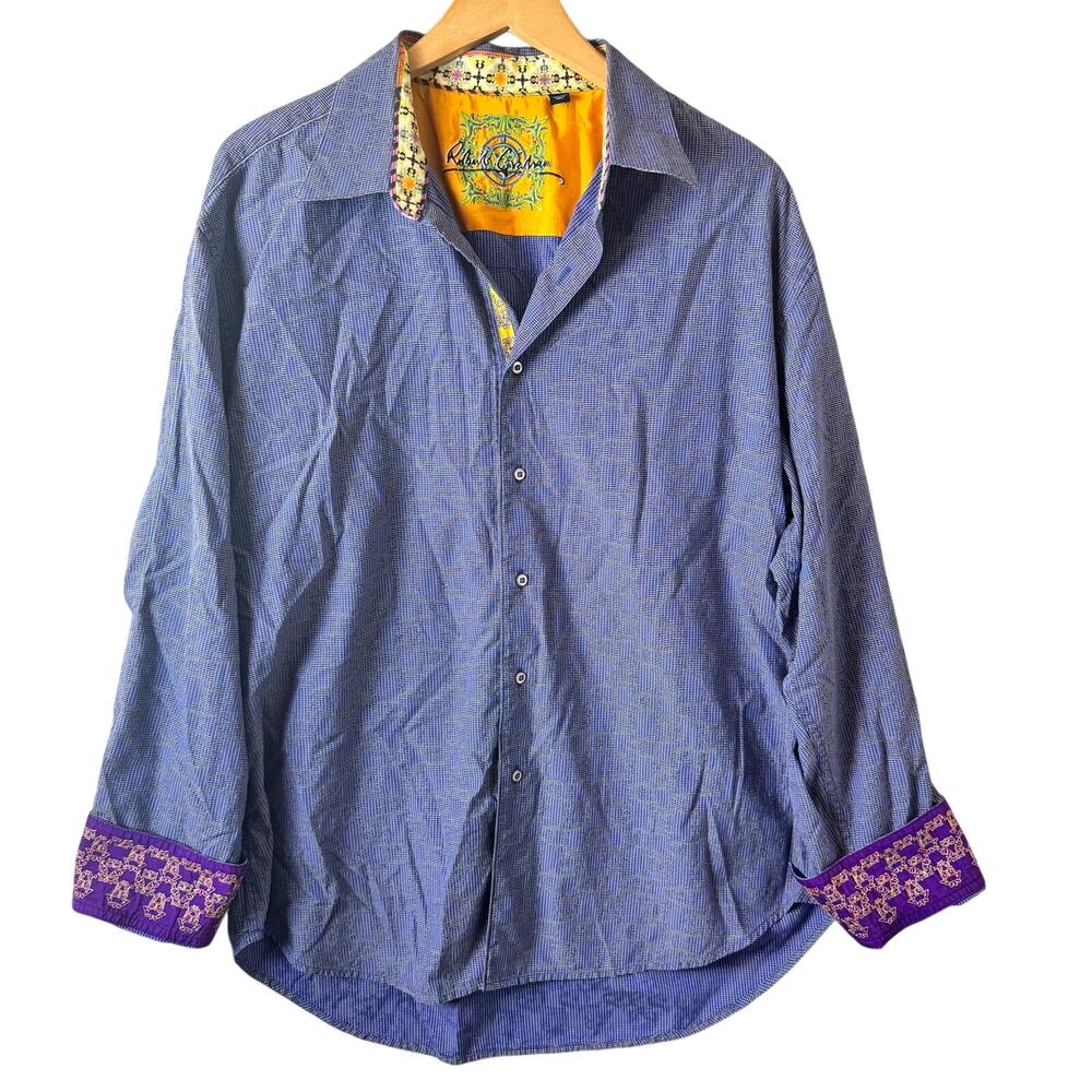 Robert Graham Mens Button Up Shirt Blue Check Pattern Embroidered Flip Cuffs 2XL